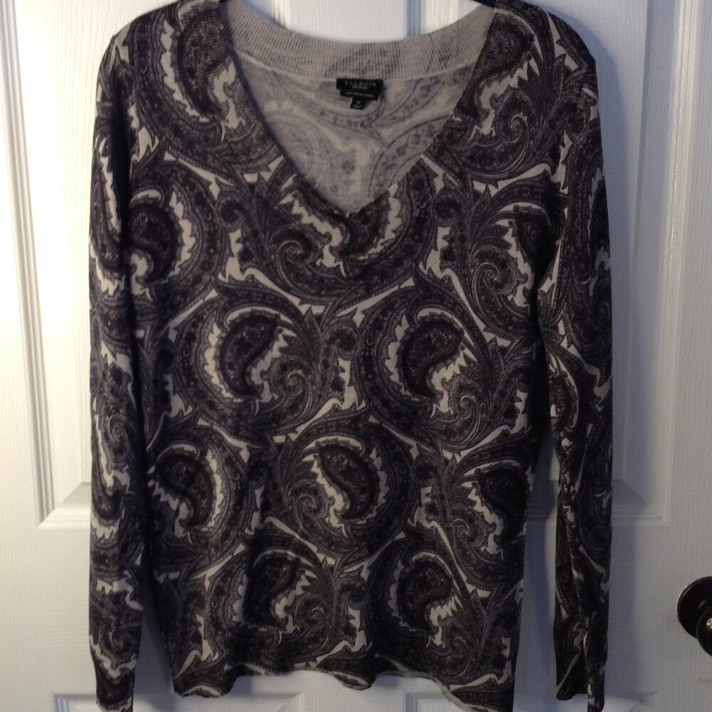 Talbots M Pure Italian Merino Wool Paisley Printed Sweater V-Neck Natural Fiber
